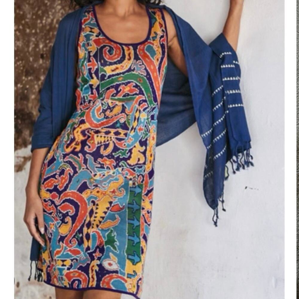 Peruvian Connection Abstract Bohemian Sheath Sleeveless Pima Cotton Knit Dress